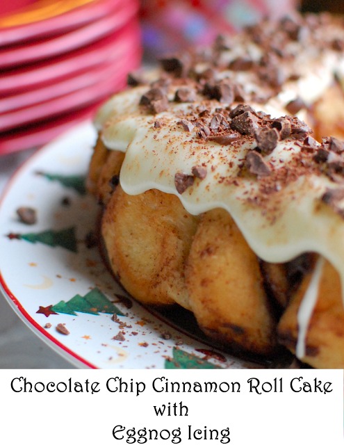 Chocolate Chip Cinnamon Roll Bundt Cake with Eggnog Icing Poster